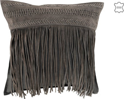 J-Line kussen Franjes Vierkant - leer - grijs