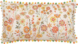 J-Line kussen Rechthoek Bloemen + Pompoms - katoen - wit/oranje