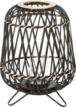 J-Line lantaarn Op Voet - bamboe - zwart/naturel - small