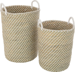 J-Line mand Rond Handvatten - jute - wit/naturel - 2 stuks