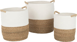 J-Line mand Rond Handvatten - textiel - wit/naturel - 3 stuks