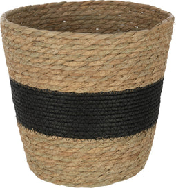 J-Line mand Rond Met Streep + Handvat - riet - naturel/zwart
