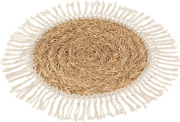 J-Line placemat Rond Franje - jute - naturel/wit - 6 stuks