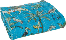 J-Line Plaid/Strand Mat Exotisch Dieren/Planten Hechtingen Katoen Blauw Large