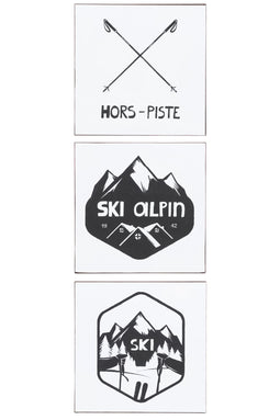 J-Line Plakkaat Vierkant Textiel+Afbeelding Ski Metaal Wit/Zwart Assortiment Van 2