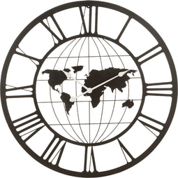 J-Line Romeinse Cijfers Wereldkaart klok - metaal - grijs - Ø 80 cm - woonaccessoires