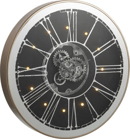 J-Line Rond Spiegel klok - hout - zilver - LED lichtjes - Ø 80 cm - woonaccessoires