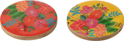 J-Line set van 4 onderzetter Bloem - hout - geel/roze - 2 stuks