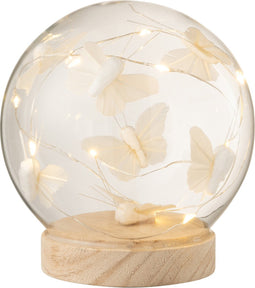 J-Line stolp Bol Vlinders - glas/hout - wit/naturel - medium - LED lichtjes