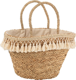 J-Line strandtas Kwastjes - riet - wit/naturel