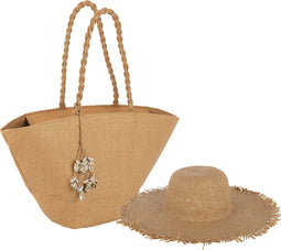 J-Line strandtas met schelpen + hoed - papier - lichtbruin - 2 stuks