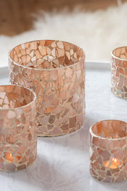 J-Line theelichthouder Mozaiek - glas - beige - small - 2 stuks
