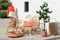 J-Line theelichthouder Strepen - glas - oranje/wit - small - 2 stuks