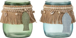 J-Line theelichthouder Vis - glas/jute - blauw/groen - large - 2 stuks