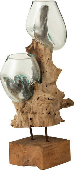 J-Line vaas 2 Op Voet Gamal - hout/glas - naturel/transparant - 54.00 cm hoog