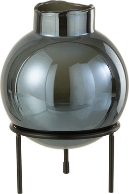J-Line vaas Bol - glas/metaal - blauw/zwart - small - 22 cm hoog
