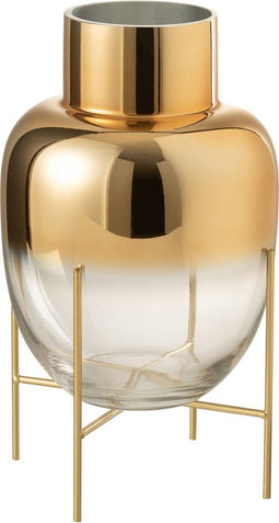 J-Line vaas Cylinder Op Voet - glas - transparant/goud - large - 38 cm hoog