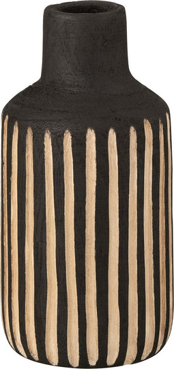 J-Line vaas Fles Strepen Paulownia - zwart/naturel - small - 33.50 cm hoog