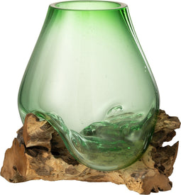 J-Line vaas op voet Gamal - hout/glas - naturel/groen - large - 33 cm hoog
