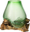 J-Line vaas op voet Gamal - hout/glas - naturel/groen - large - 33 cm hoog