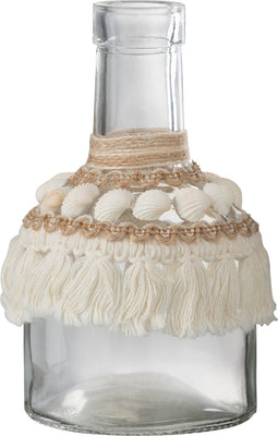 J-Line Vaasje Schelpen Glas Textiel Ecru/Jute Medium - Bloemenvaas 15.50 cm hoog