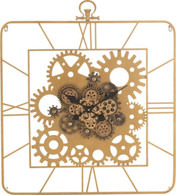 J-Line Vierkant Romeinse Cijfers Tandwielen klok - metaal - goud - Ø 91 cm - woonaccessoires