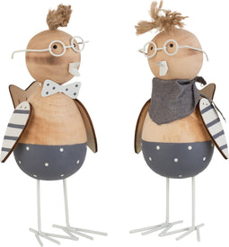 J-Line Vogel Met Strik/Das Hout/Metaal Blauw/Wit/Naturel Small Assortiment Van 2