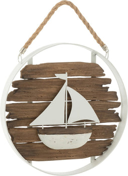 J-Line wanddecoratie Boot Rond - hout/metaal - naturel/wit