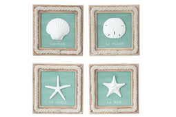 J-Line Wanddecoratie Zee Mdf/Spar Cyaan/Natuur Assortiment Van 4