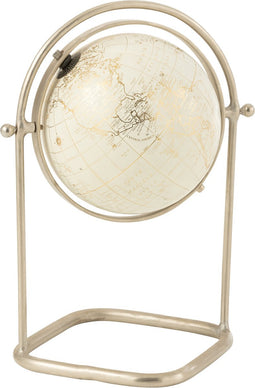 J-Line wereldbol in staander - metaal/papier - wit/zilver/goud - large