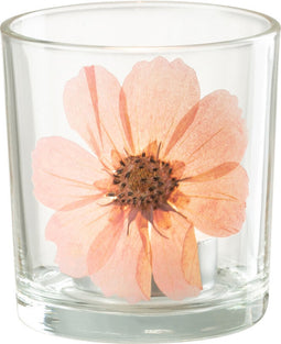 J-Line windlicht Bloem - glas - roze - small - 2 stuks