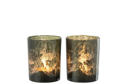 J-Line Windlicht Bloemen Glas Kaki Groen/Antiek Kaki Groen Medium Assortiment Van 2