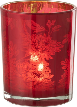 J-Line windlicht Bloemen - glas - rood - medium - 2 stuks