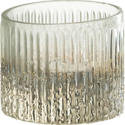 J-Line windlicht Geribbeld - glas - zilver/transparant - small - 2 stuks