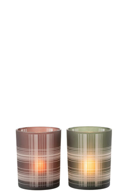 J-Line windlicht geruit - glas - bruin/groen - medium - 2 stuks