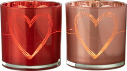 J-Line windlicht Hart - glas - rood/roze - large - 2 stuks