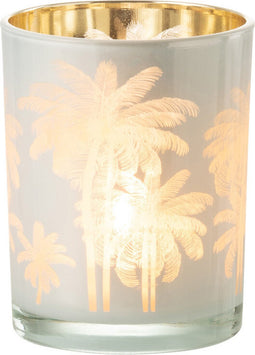J-Line windlicht Palmbomen - glas - blauw/goud - medium - 2 stuks