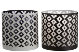 J-Line windlicht Ruit - glas - zwart/wit - large - 2 stuks