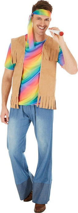 Dressforfun - Herenkostuum Hippie Peace - Elastisch Jersey T-shirt Broek met Olifantenpijpen Vest