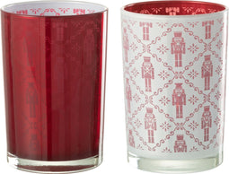 J-Line windlicht Notenkraker - glas - wit/rood - large - 2 stuks