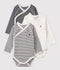 Petit Bateau - Trio babyrompertjes - Lange mouwen - Wit/Blauw + Blauw/Wit + Wit