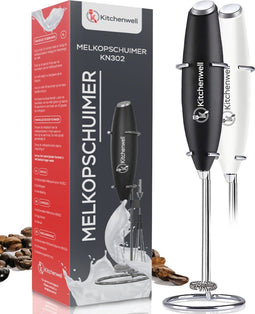 Kitchenwell Melkopschuimer - Handmatig - Inclusief RVS Houder & Garde - Zwart