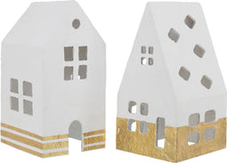 J-Line decoratie Huis - katoen Mache - wit/goud - large - 2 stuks