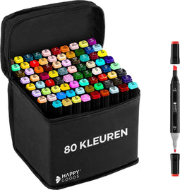 Happy Goods Twinmarkers - 80 Alcohol Markers - 2-in-1 met Fijne en Brede Punt - Inclusief Opbergtas