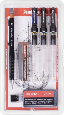 Aristo tekenpen - PRO College - set 6-delig - lijnbreedte 0.10/0.30/0.50mm - fles 23ml inkt - tekenpotlood - potloodstiftjes- AR-64306