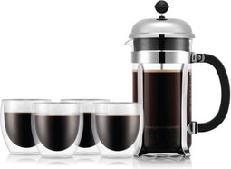 French press koffiezetapparaat - BODUM - CHAMBORD SET - 8 kopjes 1,0 l + 4 dubbelwandige PAVINA glazen 25 cl
