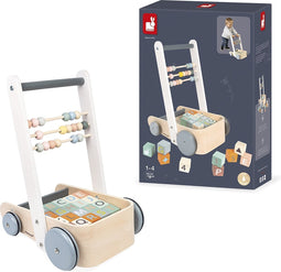 Janod Sweet Cocoon - Duwkar Blokken ABC - Een Activiteitenwagen Voor De Eerste Pasjes - Inclusief 20 Blokken Met De Letters Van Het Alfabet, Cijfers En Eenvoudige Vormen, En Een Telraam Met 3 Rijen Om Te Leren Tellen - Geschikt Vanaf 1 Jaar