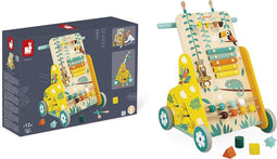 Janod Tropik - Baby Loopwagen - Houten Looptrainer Met 6 Activiteiten: Telraam, Een Vormendoos, Een Schattig Glijdend Aapje, Een Doolhof, Glijdende Kralen En Een Xylofoon! - Geschikt Vanaf 1 Jaar