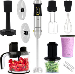 JAP Appliances ForceBlend F3 - 7in1 Staafmixer set (1500W) - Inclusief foodprocessor, maatbeker, spiraalsnijder, garde en klopper - Voor soep, vlees, smoothies en baby hapjes - Zwart/RVS