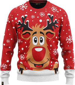 JAP Christmas Kersttrui (maat L) - 100% Gerecycled - Kriebelt niet - Kerstcadeau volwassenen - Foute Kersttrui dames en heren - Rudolf het Rendier - Rood